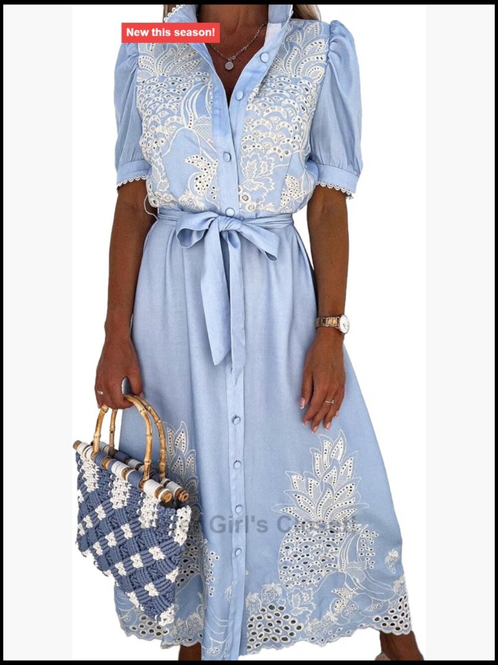 Women's Embroidered Eyelet Maxi Shirt Dress Boho Swing V-Neck